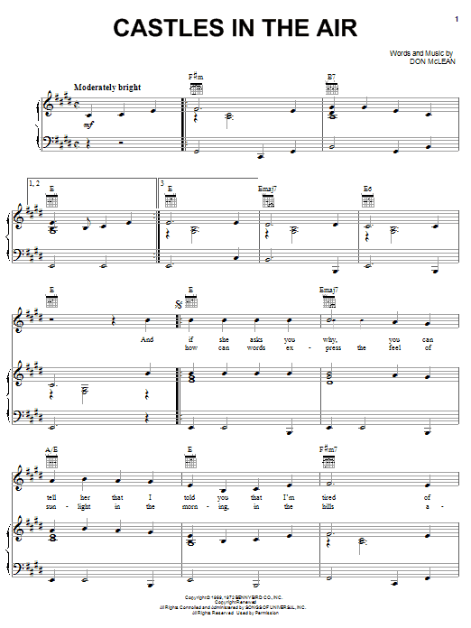 Preview Don McLean Castles In The Air Pop sheet music, notes and chords for Guitar Tab, SKU: 69316 Download Don McLean Castles In The Air sheet music and printable PDF score & Pop music notes