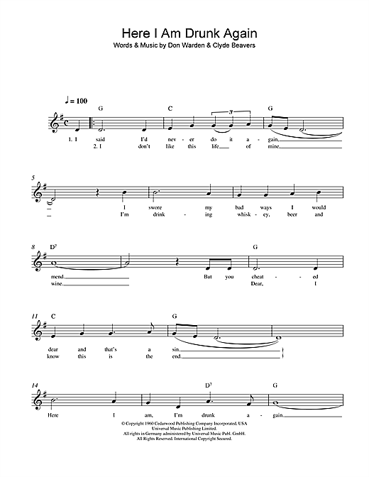 Preview Don Warden Here I Am Drunk Again Easy Listening sheet music, notes and chords for Melody Line, Lyrics & Chords, SKU: 108222 sheet music, piano notes, chords, guitar tabs, score, transpose, transcribe, how to play, guide, download, learn, tutorial, progression, song, artist, awards, billboard, mtv, vh1, tour, single, album, release