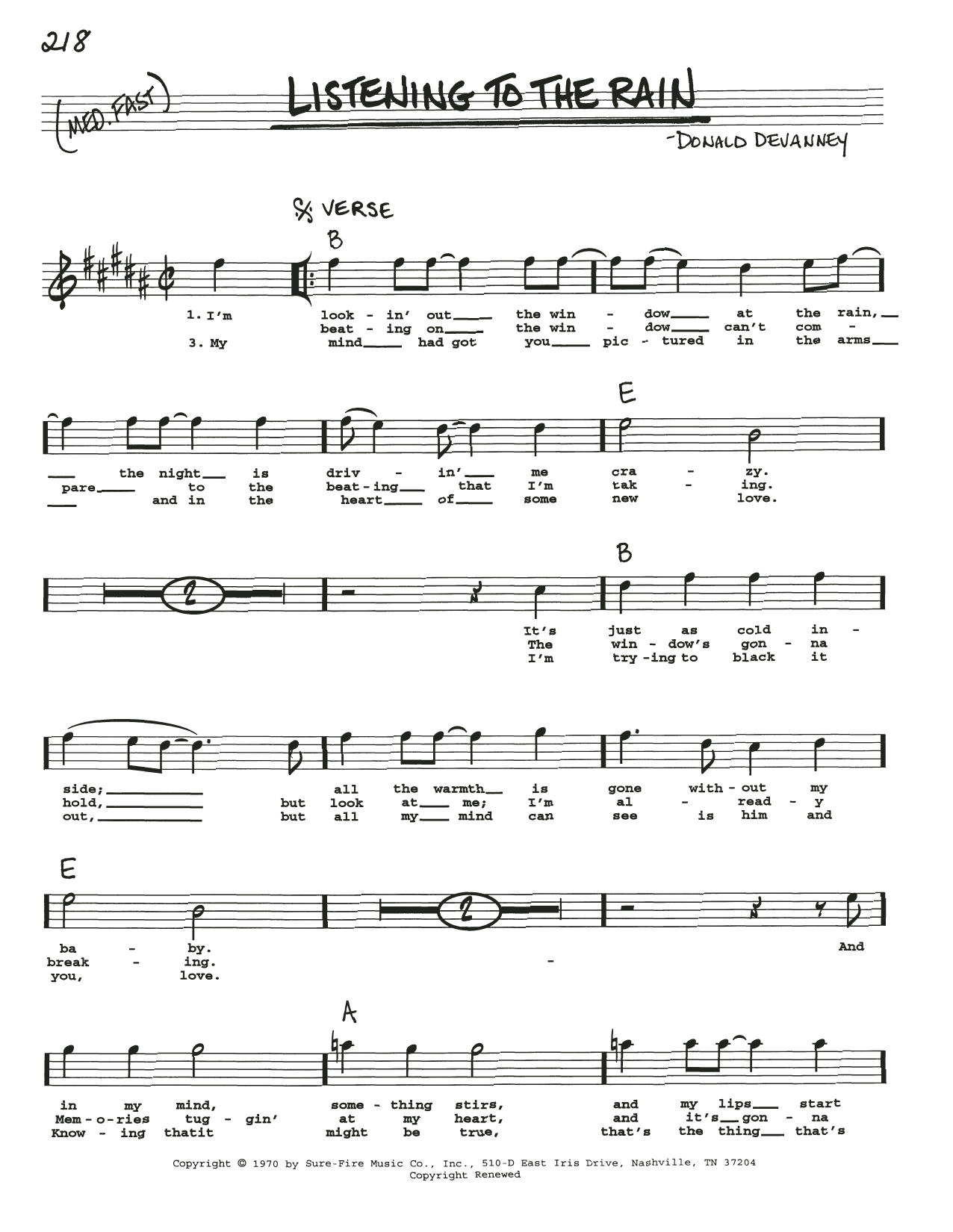 Donald Devanney Listening To The Rain Sheet Music & Chords for Real Book – Melody, Lyrics & Chords - Download or Print PDF