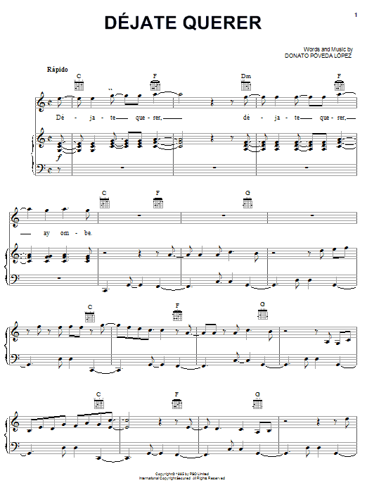 Preview Donato Poveda Lopez Dejate Querer Pop sheet music, notes and chords for Piano, Vocal & Guitar (Right-Hand Melody), SKU: 24020 sheet music, piano notes, chords, guitar tabs, score, transpose, transcribe, how to play, guide, download, learn, tutorial, progression, song, artist, awards, billboard, mtv, vh1, tour, single, album, release