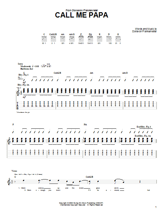 Preview Donavon Frankenreiter Call Me Papa Rock sheet music, notes and chords for Guitar Tab, SKU: 58406 sheet music, piano notes, chords, guitar tabs, score, transpose, transcribe, how to play, guide, download, learn, tutorial, progression, song, artist, awards, billboard, mtv, vh1, tour, single, album, release