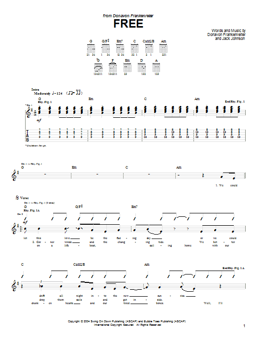 Preview Donavon Frankenreiter Free Rock sheet music, notes and chords for Guitar Tab, SKU: 58407 sheet music, piano notes, chords, guitar tabs, score, transpose, transcribe, how to play, guide, download, learn, tutorial, progression, song, artist, awards, billboard, mtv, vh1, tour, single, album, release