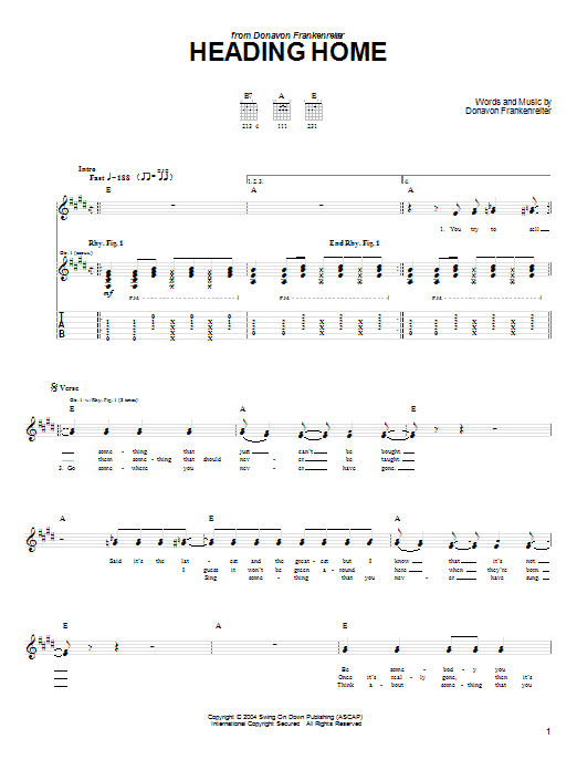 Preview Donavon Frankenreiter Heading Home Rock sheet music, notes and chords for Guitar Tab, SKU: 58391 sheet music, piano notes, chords, guitar tabs, score, transpose, transcribe, how to play, guide, download, learn, tutorial, progression, song, artist, awards, billboard, mtv, vh1, tour, single, album, release