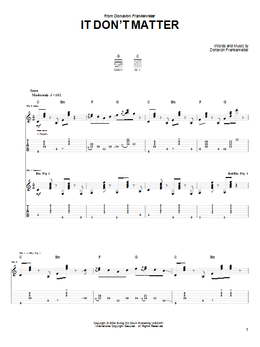 Preview Donavon Frankenreiter It Don't Matter Pop sheet music, notes and chords for Lyrics & Chords, SKU: 114574 sheet music, piano notes, chords, guitar tabs, score, transpose, transcribe, how to play, guide, download, learn, tutorial, progression, song, artist, awards, billboard, mtv, vh1, tour, single, album, release