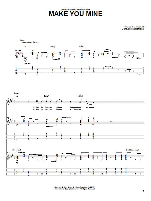 Preview Donavon Frankenreiter Make You Mine Rock sheet music, notes and chords for Guitar Tab, SKU: 58413 sheet music, piano notes, chords, guitar tabs, score, transpose, transcribe, how to play, guide, download, learn, tutorial, progression, song, artist, awards, billboard, mtv, vh1, tour, single, album, release