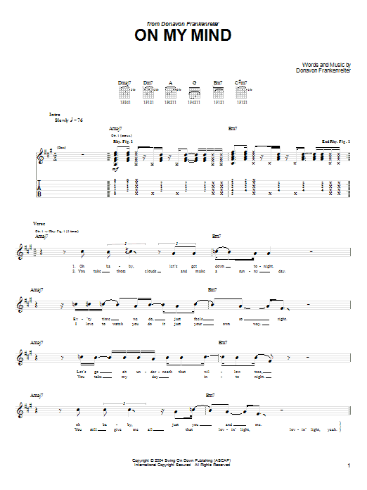 Preview Donavon Frankenreiter On My Mind Rock sheet music, notes and chords for Guitar Tab, SKU: 58412 sheet music, piano notes, chords, guitar tabs, score, transpose, transcribe, how to play, guide, download, learn, tutorial, progression, song, artist, awards, billboard, mtv, vh1, tour, single, album, release