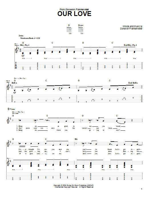 Preview Donavon Frankenreiter Our Love Rock sheet music, notes and chords for Guitar Tab, SKU: 58411 sheet music, piano notes, chords, guitar tabs, score, transpose, transcribe, how to play, guide, download, learn, tutorial, progression, song, artist, awards, billboard, mtv, vh1, tour, single, album, release