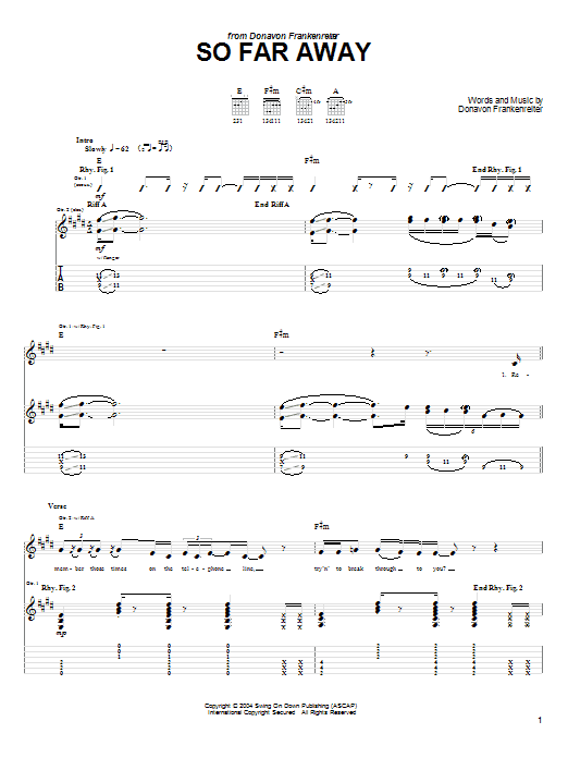 Preview Donavon Frankenreiter So Far Away Rock sheet music, notes and chords for Guitar Tab, SKU: 58410 sheet music, piano notes, chords, guitar tabs, score, transpose, transcribe, how to play, guide, download, learn, tutorial, progression, song, artist, awards, billboard, mtv, vh1, tour, single, album, release