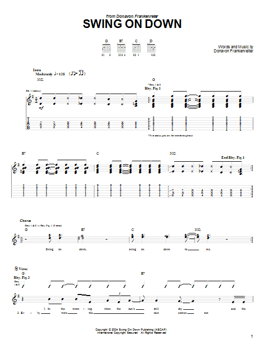 Preview Donavon Frankenreiter Swing On Down Rock sheet music, notes and chords for Guitar Tab, SKU: 58409 sheet music, piano notes, chords, guitar tabs, score, transpose, transcribe, how to play, guide, download, learn, tutorial, progression, song, artist, awards, billboard, mtv, vh1, tour, single, album, release