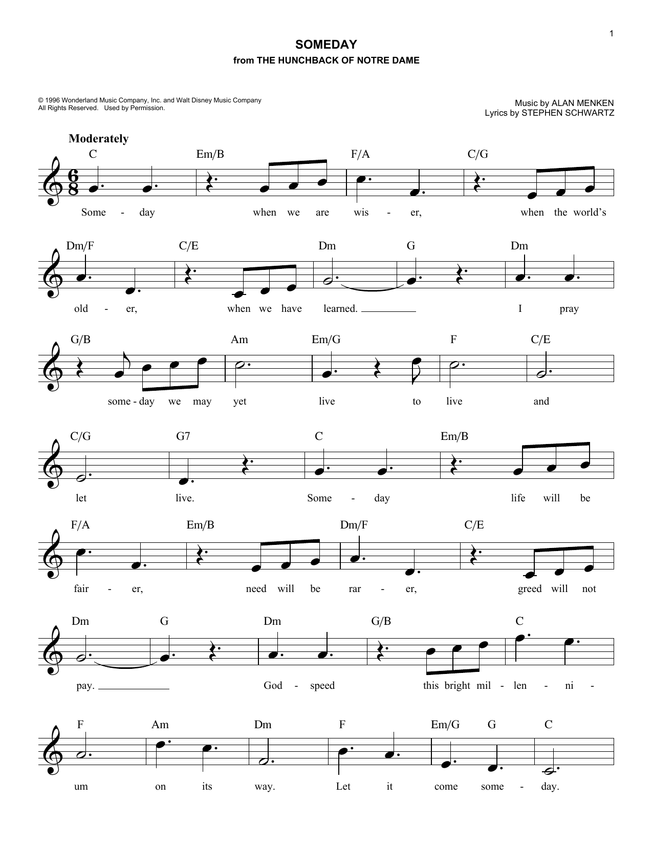 Preview All-4-One Someday (from Walt Disney's The Hunchback Of Notre Dame) Disney sheet music, notes and chords for Piano, Vocal & Guitar (Right-Hand Melody), SKU: 121246 sheet music, piano notes, chords, guitar tabs, score, transpose, transcribe, how to play, guide, download, learn, tutorial, progression, song, artist, awards, billboard, mtv, vh1, tour, single, album, release