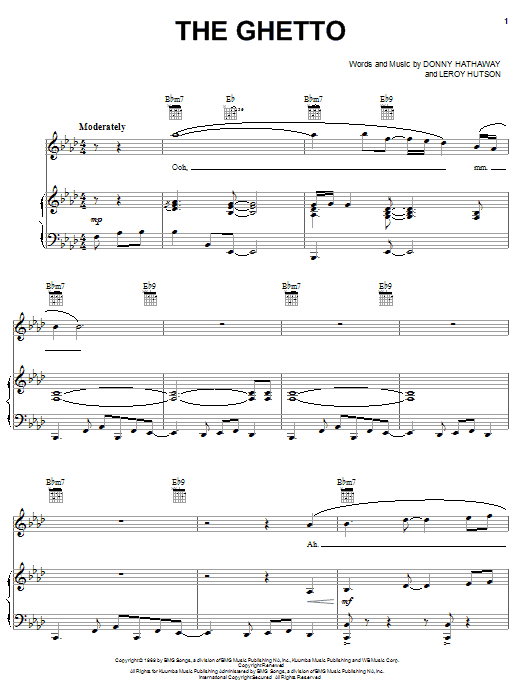 Preview Donny Hathaway The Ghetto R & B sheet music, notes and chords for Piano, Vocal & Guitar (Right-Hand Melody), SKU: 51304 sheet music, piano notes, chords, guitar tabs, score, transpose, transcribe, how to play, guide, download, learn, tutorial, progression, song, artist, awards, billboard, mtv, vh1, tour, single, album, release