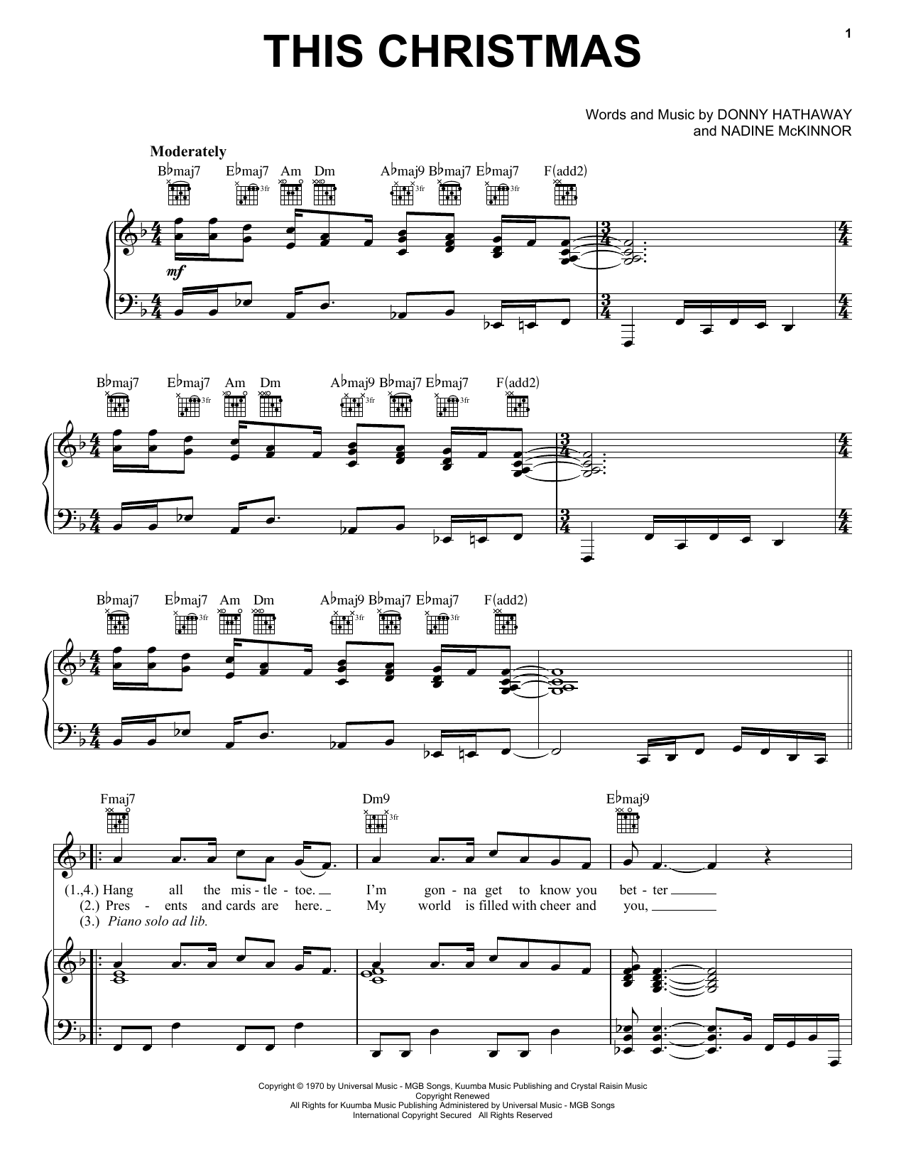 Preview Donny Hathaway This Christmas Soul sheet music, notes and chords for Piano, Vocal & Guitar (Right-Hand Melody), SKU: 21476 sheet music, piano notes, chords, guitar tabs, score, transpose, transcribe, how to play, guide, download, learn, tutorial, progression, song, artist, awards, billboard, mtv, vh1, tour, single, album, release