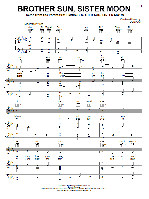 Preview Donovan Brother Sun, Sister Moon Pop sheet music, notes and chords for Piano, Vocal & Guitar (Right-Hand Melody), SKU: 18172 sheet music, piano notes, chords, guitar tabs, score, transpose, transcribe, how to play, guide, download, learn, tutorial, progression, song, artist, awards, billboard, mtv, vh1, tour, single, album, release