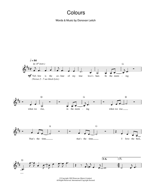 Preview Donovan Colours Classics sheet music, notes and chords for Melody Line, Lyrics & Chords, SKU: 14004 Download Donovan Colours sheet music and printable PDF score & Classics music notes