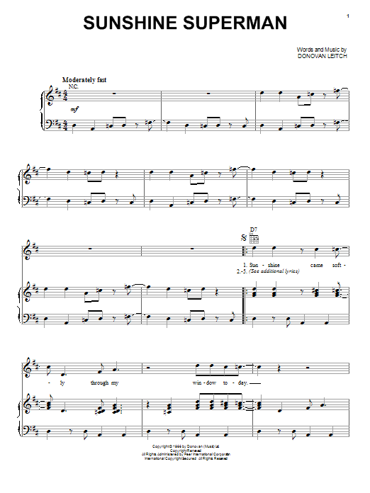 Download Donovan Sunshine Superman sheet music and printable PDF score & Pop music notes