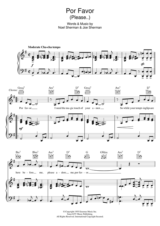 Preview Doris Day Por Favor Easy Listening sheet music, notes and chords for Piano, Vocal & Guitar, SKU: 121156 sheet music, piano notes, chords, guitar tabs, score, transpose, transcribe, how to play, guide, download, learn, tutorial, progression, song, artist, awards, billboard, mtv, vh1, tour, single, album, release