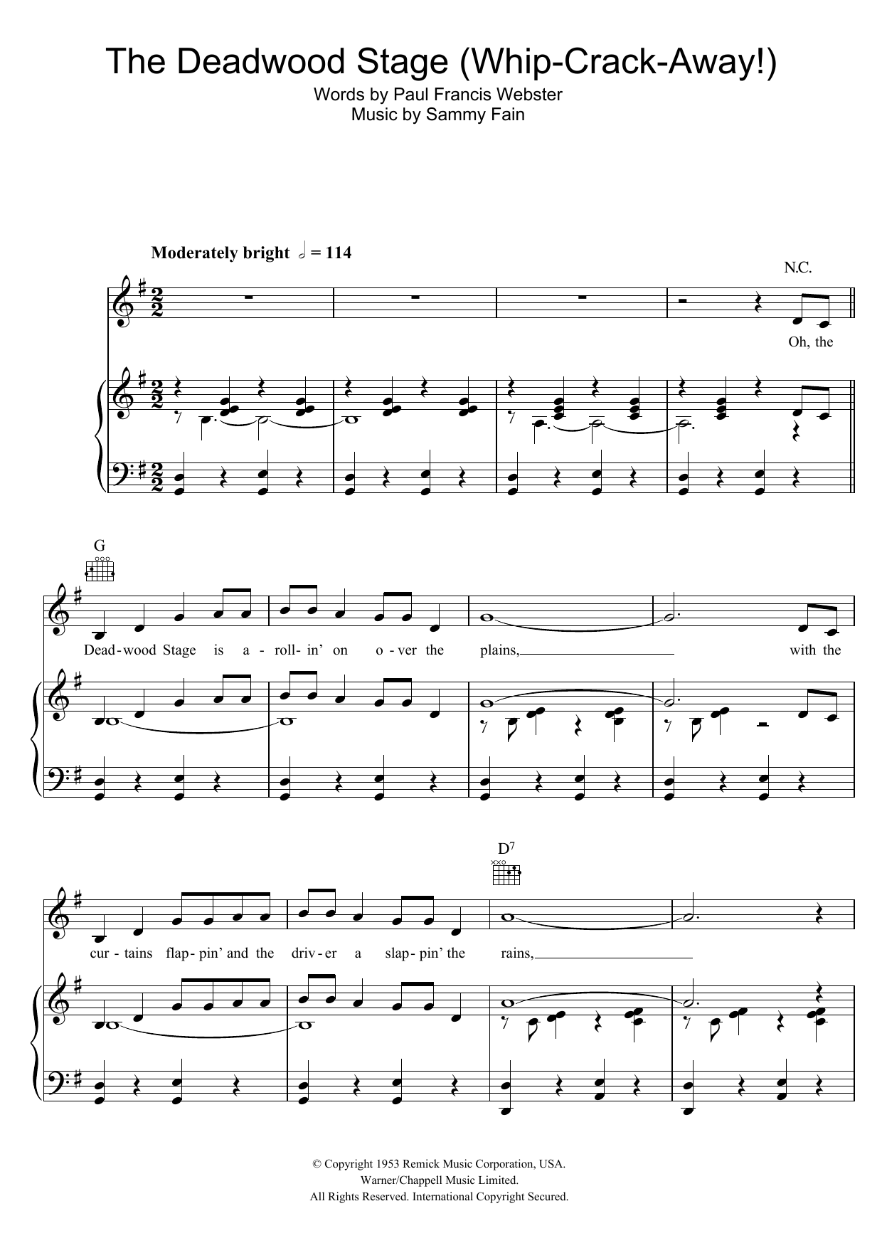 Preview Doris Day The Deadwood Stage (Whip-Crack-Away) Easy Listening sheet music, notes and chords for Piano, Vocal & Guitar (Right-Hand Melody), SKU: 48009 Download Doris Day The Deadwood Stage (Whip-Crack-Away) sheet music and printable PDF score & Easy Listening music notes