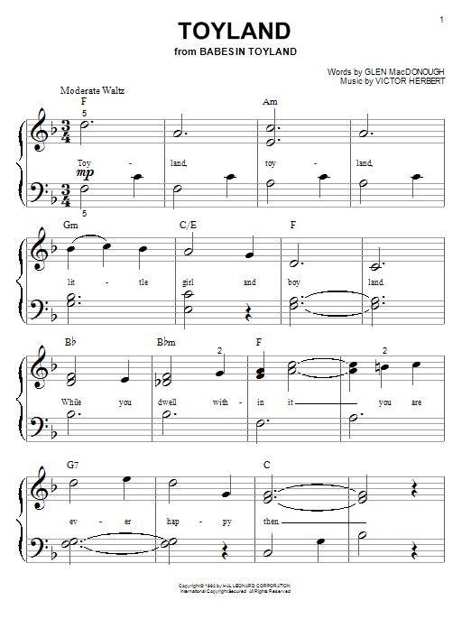 Preview Doris Day Toyland (from Babes In Toyland) Film and TV sheet music, notes and chords for Piano (Big Notes), SKU: 51599 Download Doris Day Toyland (from Babes In Toyland) sheet music and printable PDF score & Film and TV music notes