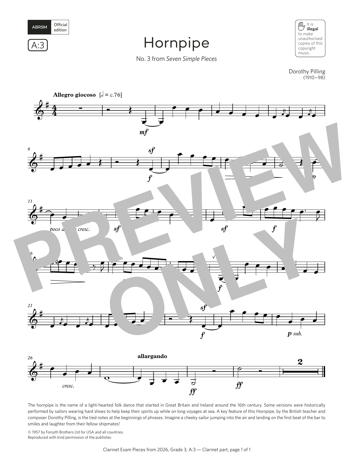 Dorothy Pilling Hornpipe (Grade 3, list A3, from the ABRSM Clarinet Syllabus from 2026) Sheet Music & Chords for Clarinet Solo - Download or Print PDF