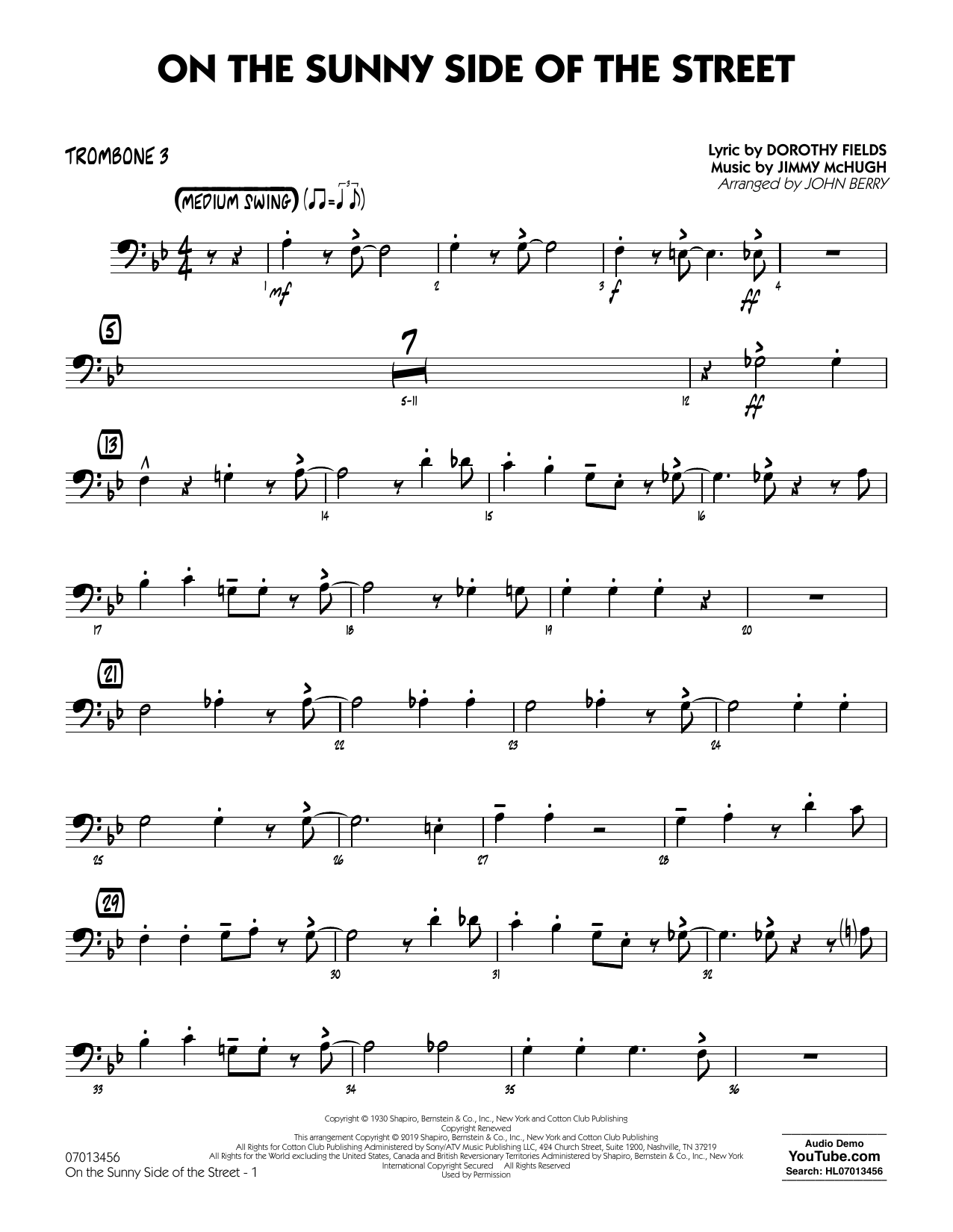 Dorothy Fields On The Sunny Side Of The Street Arr John Berry Trombone 3 Sheet Music Download Printable Jazz Pdf Jazz Ensemble Score Sku 4245