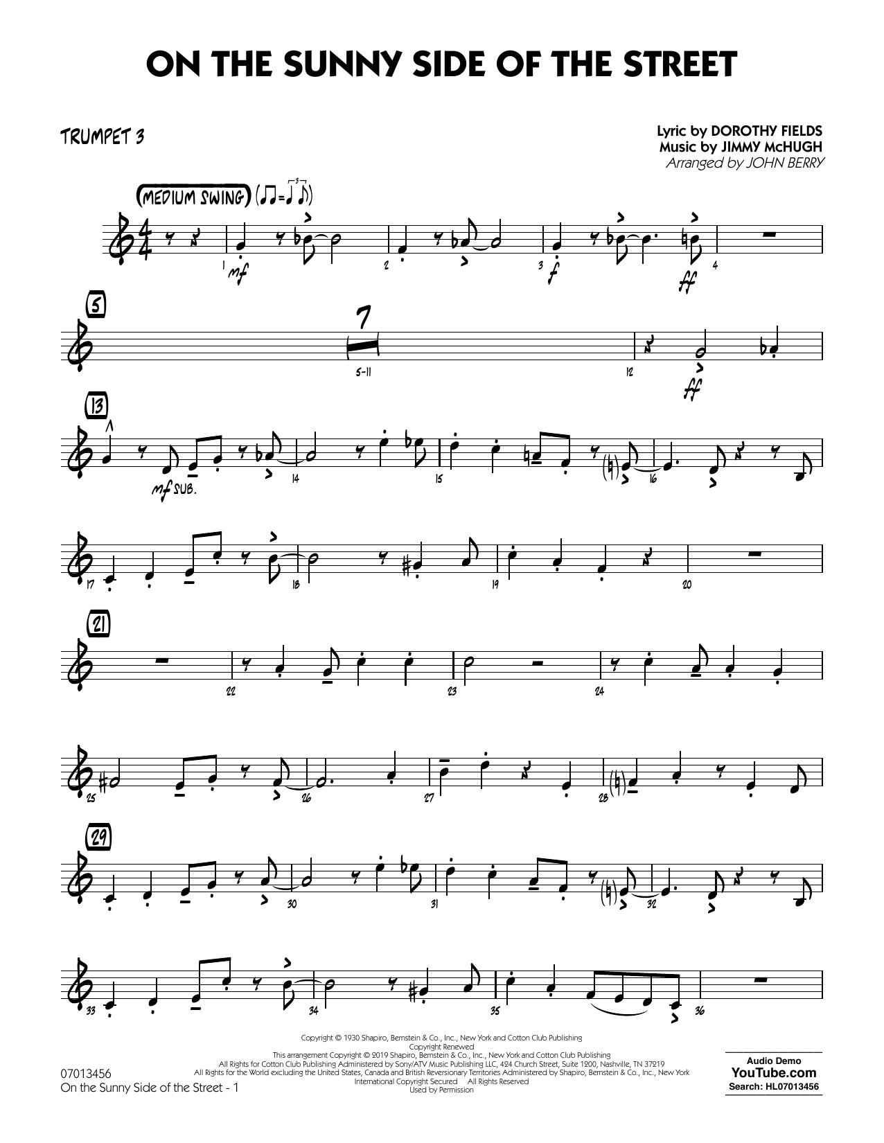 Dorothy Fields On The Sunny Side Of The Street Arr John Berry Trumpet 3 Sheet Music Download Printable Jazz Pdf Score How To Play On Jazz Ensemble Sku 4241