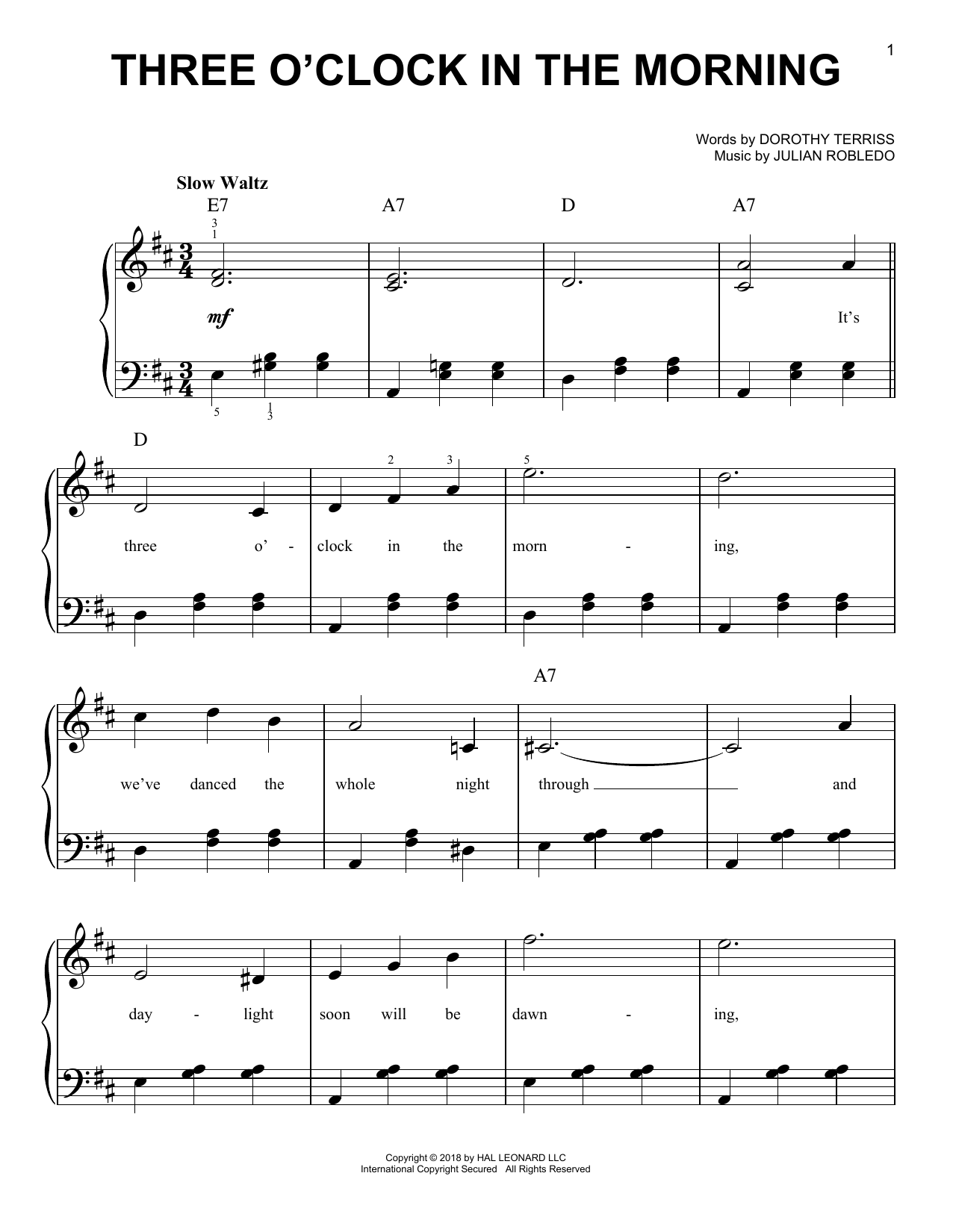 Download Dorothy Terriss Three O'Clock In The Morning sheet music and printable PDF score & Standards music notes