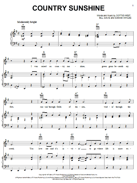 Preview Dottie West Country Sunshine Country sheet music, notes and chords for Piano, Vocal & Guitar (Right-Hand Melody), SKU: 51366 Download Dottie West Country Sunshine sheet music and printable PDF score & Country music notes