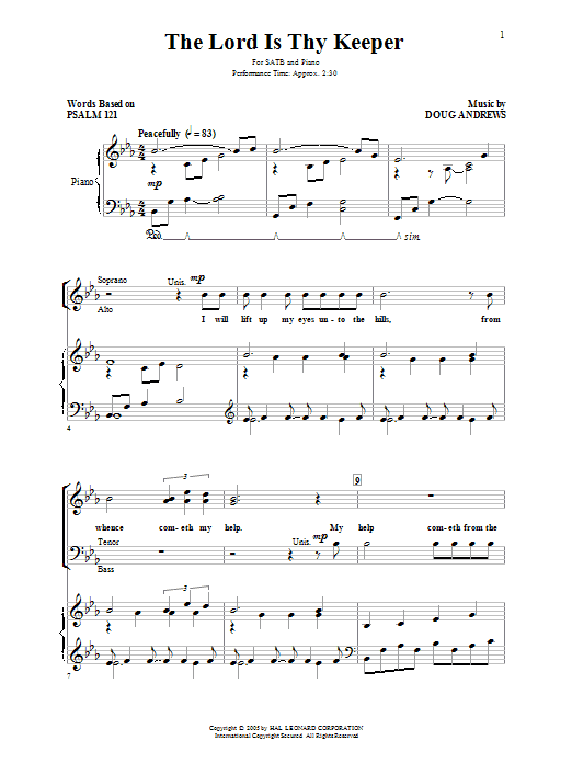 Preview Doug Andrews The Lord Is Thy Keeper Concert sheet music, notes and chords for SATB, SKU: 53060 sheet music, piano notes, chords, guitar tabs, score, transpose, transcribe, how to play, guide, download, learn, tutorial, progression, song, artist, awards, billboard, mtv, vh1, tour, single, album, release