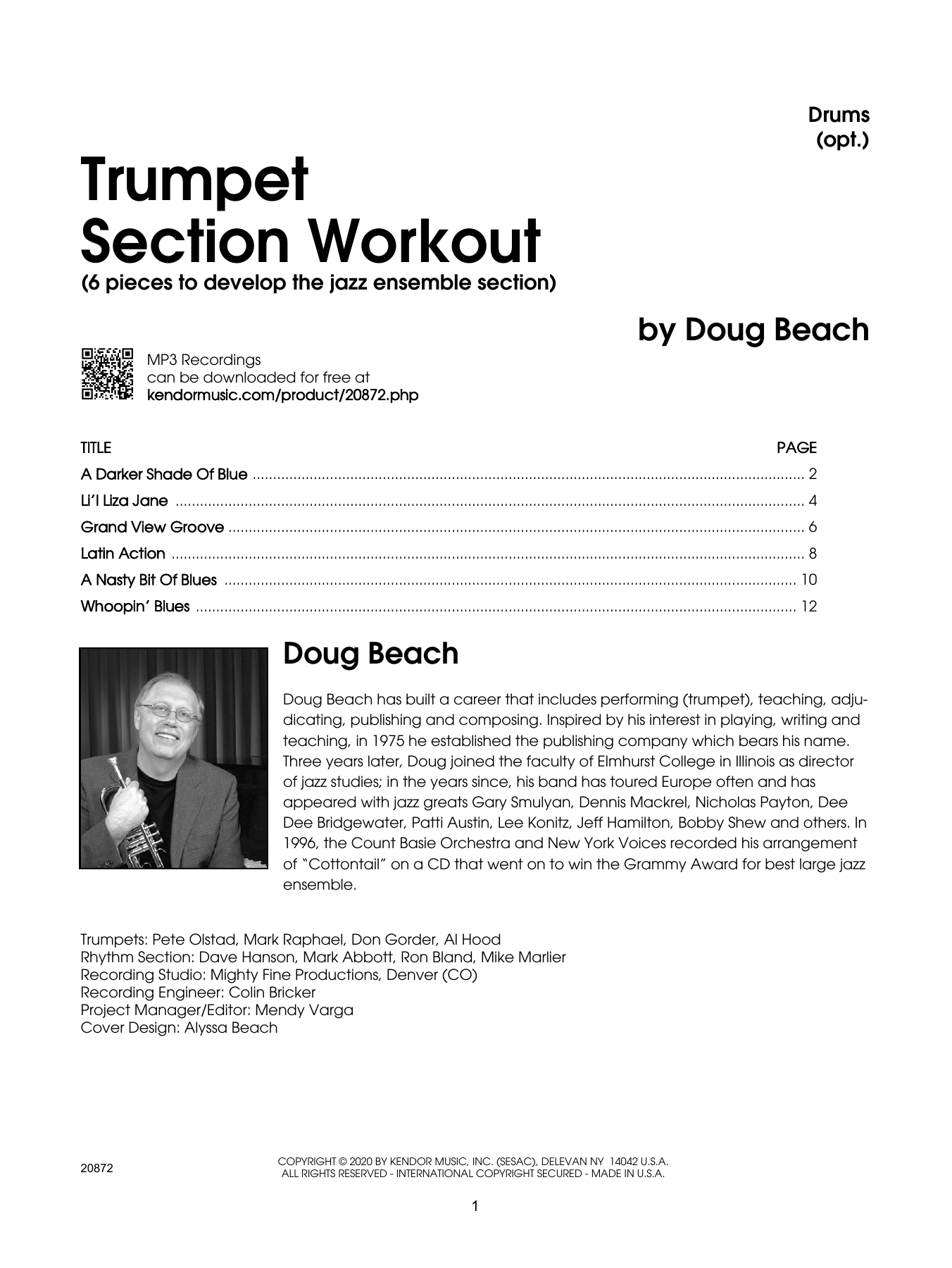Download Doug Beach Trumpet Section Workout with MP3's (6 pieces to develop the jazz ensemble section) - Drum Set sheet music and printable PDF score & Instructional music notes