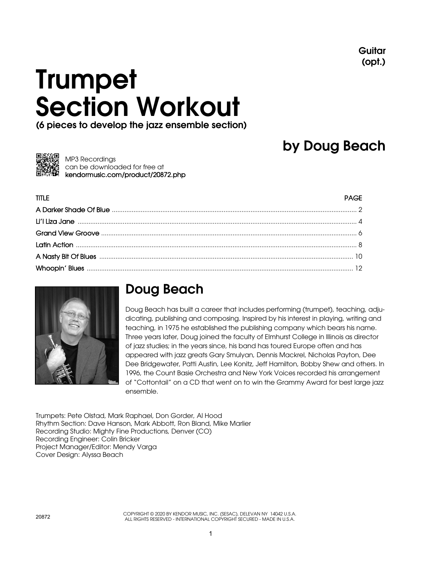 Preview Doug Beach Trumpet Section Workout with MP3's (6 pieces to develop the jazz ensemble section) - Guitar Instructional sheet music, notes and chords for Brass Ensemble, SKU: 458248 Download Doug Beach Trumpet Section Workout with MP3's (6 pieces to develop the jazz ensemble section) - Guitar sheet music and printable PDF score & Instructional music notes