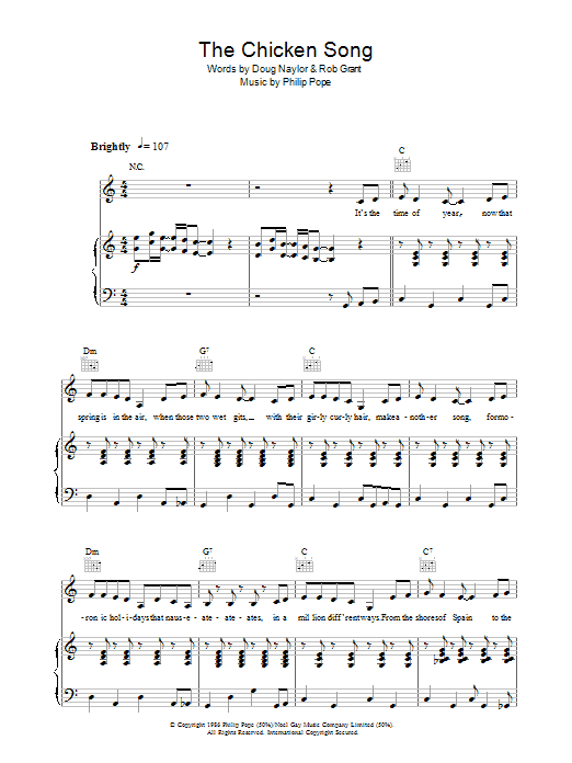 Preview Doug Naylor The Chicken Song (from Spitting Image) Children sheet music, notes and chords for Piano, Vocal & Guitar, SKU: 37073 Download Doug Naylor The Chicken Song (from Spitting Image) sheet music and printable PDF score & Children music notes