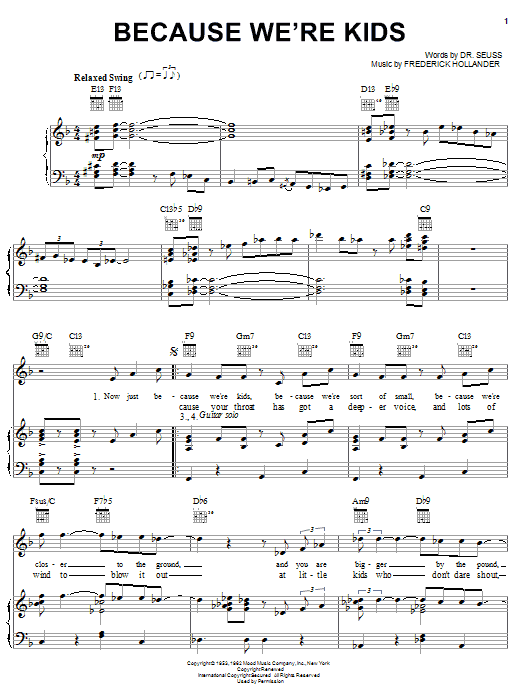Preview Dr. Seuss Because We're Kids Rock sheet music, notes and chords for Piano, Vocal & Guitar (Right-Hand Melody), SKU: 21718 Download Dr. Seuss Because We're Kids sheet music and printable PDF score & Rock music notes