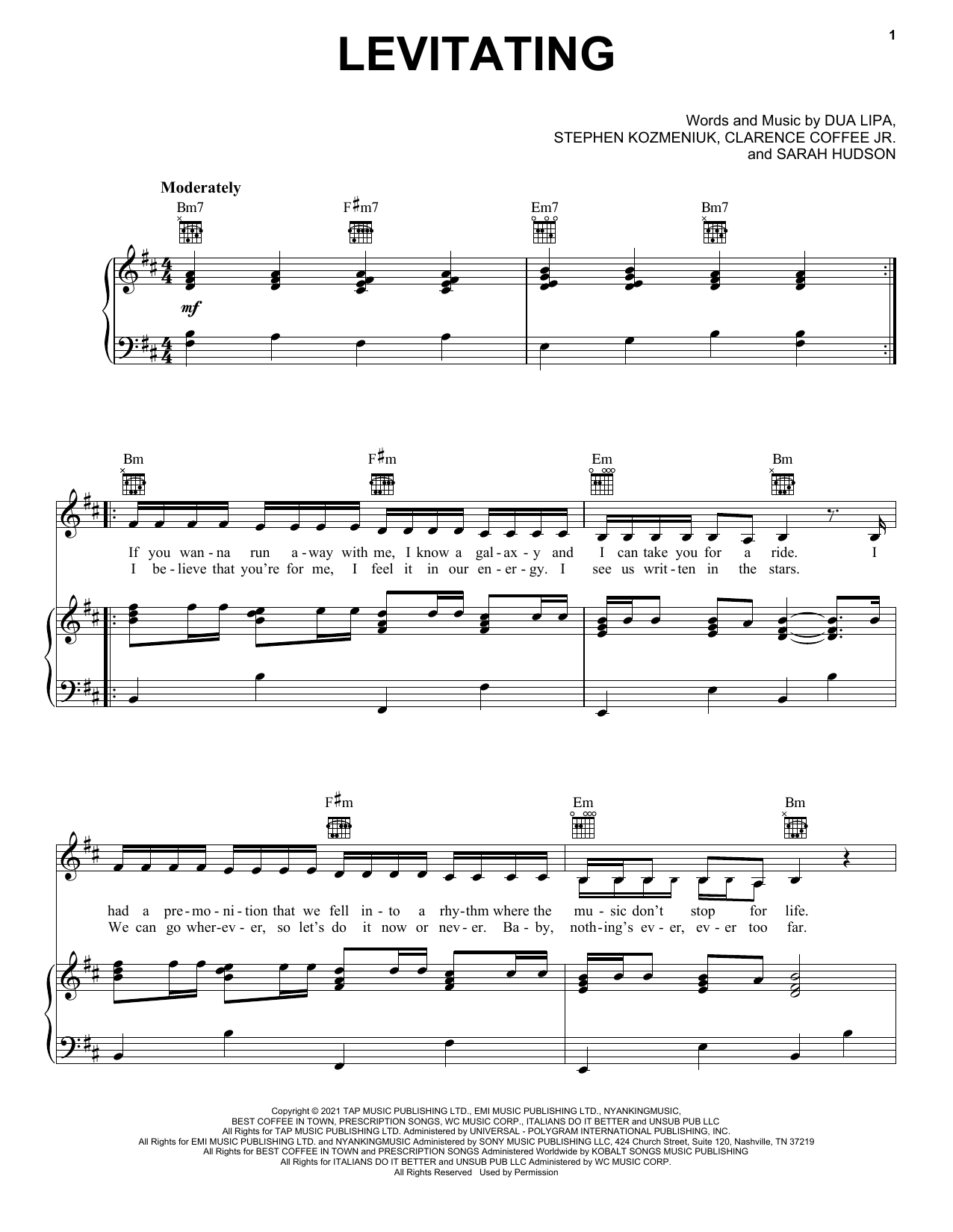 Preview Dua Lipa Levitating Pop sheet music, notes and chords for Piano, Vocal & Guitar (Right-Hand Melody), SKU: 484713 Download Dua Lipa Levitating sheet music and printable PDF score & Pop music notes