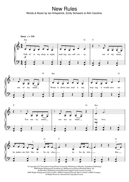 Dua Lipa "New Rules" Sheet Music Download Printable Pop PDF Score