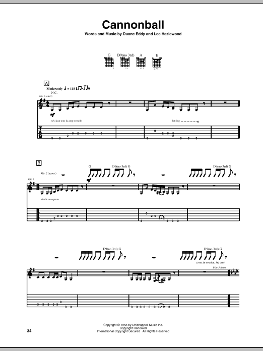 Preview Duane Eddy Cannonball Rock sheet music, notes and chords for Guitar Tab, SKU: 69271 Download Duane Eddy Cannonball sheet music and printable PDF score & Rock music notes