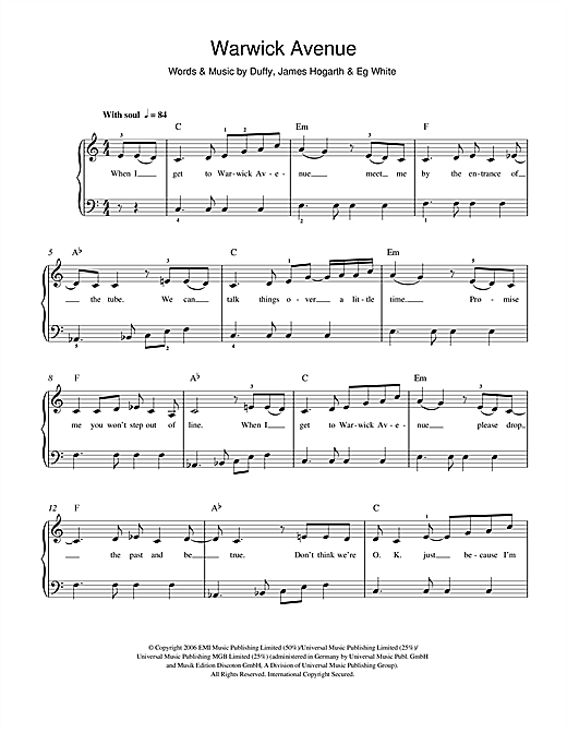 Duffy "Warwick Avenue" Sheet | Download Printable Pop PDF Chords/Lyrics Score - SKU 108665