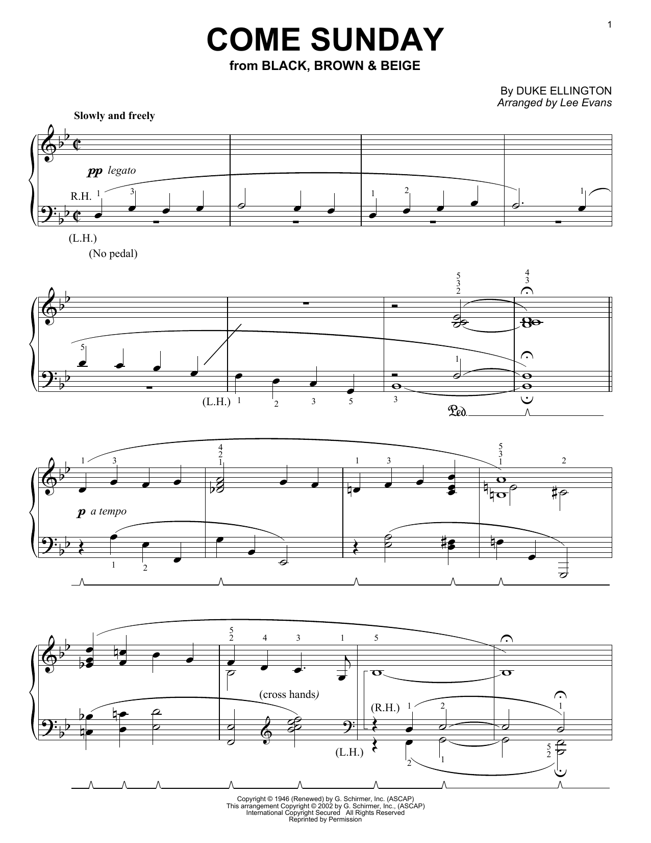 Preview Duke Ellington Come Sunday Jazz sheet music, notes and chords for Piano, Vocal & Guitar (Right-Hand Melody), SKU: 51926 Download Duke Ellington Come Sunday sheet music and printable PDF score & Jazz music notes