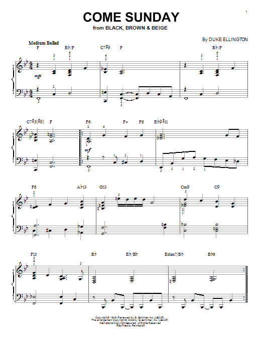 Preview Duke Ellington Come Sunday (arr. Brent Edstrom) Jazz sheet music, notes and chords for Piano, SKU: 69164 sheet music, piano notes, chords, guitar tabs, score, transpose, transcribe, how to play, guide, download, learn, tutorial, progression, song, artist, awards, billboard, mtv, vh1, tour, single, album, release