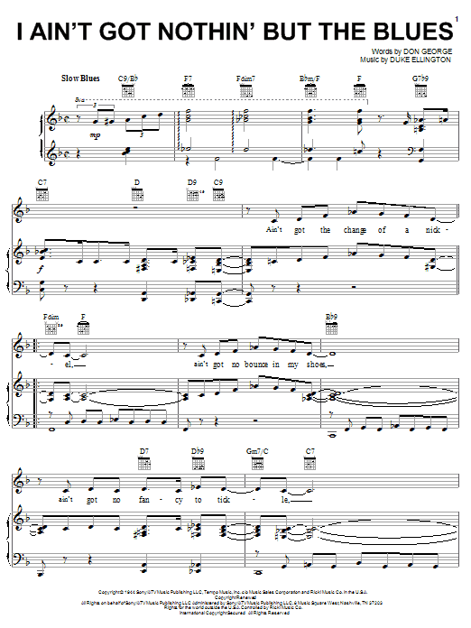 Preview Duke Ellington I Ain't Got Nothin' But The Blues Jazz sheet music, notes and chords for Piano, Vocal & Guitar (Right-Hand Melody), SKU: 18260 sheet music, piano notes, chords, guitar tabs, score, transpose, transcribe, how to play, guide, download, learn, tutorial, progression, song, artist, awards, billboard, mtv, vh1, tour, single, album, release