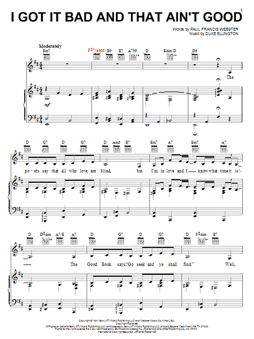 Preview Duke Ellington I Got It Bad And That Ain't Good Jazz sheet music, notes and chords for Piano, Vocal & Guitar (Right-Hand Melody), SKU: 59112 sheet music, piano notes, chords, guitar tabs, score, transpose, transcribe, how to play, guide, download, learn, tutorial, progression, song, artist, awards, billboard, mtv, vh1, tour, single, album, release