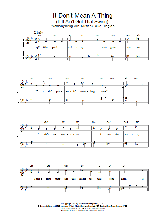 Preview Duke Ellington It Don't Mean A Thing (If It Ain't Got That Swing) Jazz sheet music, notes and chords for Piano, SKU: 18644 Download Duke Ellington It Don't Mean A Thing (If It Ain't Got That Swing) sheet music and printable PDF score & Jazz music notes