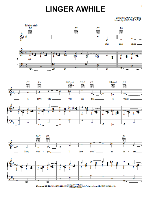 Preview Duke Ellington Linger Awhile Jazz sheet music, notes and chords for Piano, Vocal & Guitar (Right-Hand Melody), SKU: 28770 Download Duke Ellington Linger Awhile sheet music and printable PDF score & Jazz music notes