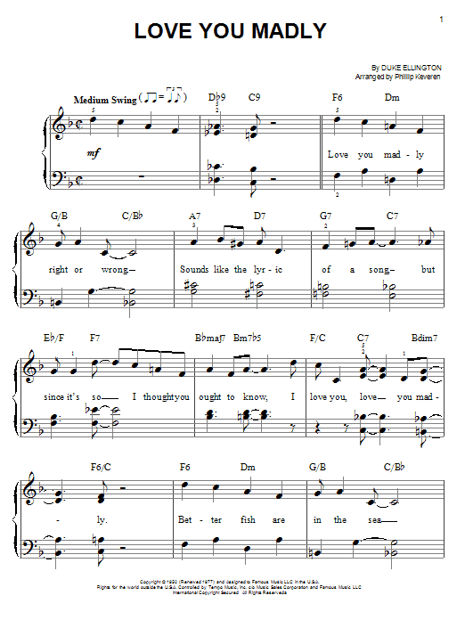 Preview Duke Ellington Love You Madly Pop sheet music, notes and chords for Piano, Vocal & Guitar (Right-Hand Melody), SKU: 59113 sheet music, piano notes, chords, guitar tabs, score, transpose, transcribe, how to play, guide, download, learn, tutorial, progression, song, artist, awards, billboard, mtv, vh1, tour, single, album, release
