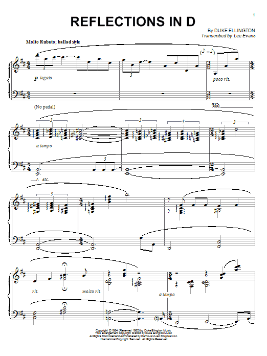 Preview Duke Ellington Reflections In D Jazz sheet music, notes and chords for Piano, SKU: 22038 Download Duke Ellington Reflections In D sheet music and printable PDF score & Jazz music notes