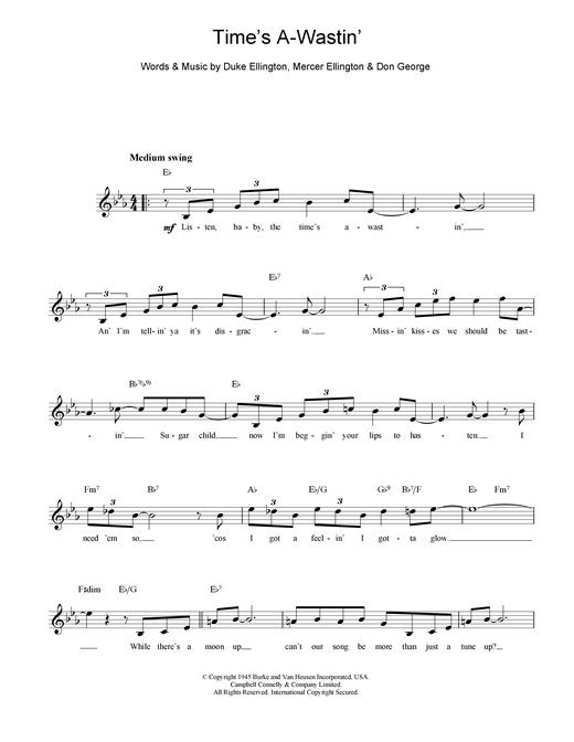 Preview Duke Ellington Time's A Wastin' Jazz sheet music, notes and chords for Melody Line, Lyrics & Chords, SKU: 14860 sheet music, piano notes, chords, guitar tabs, score, transpose, transcribe, how to play, guide, download, learn, tutorial, progression, song, artist, awards, billboard, mtv, vh1, tour, single, album, release
