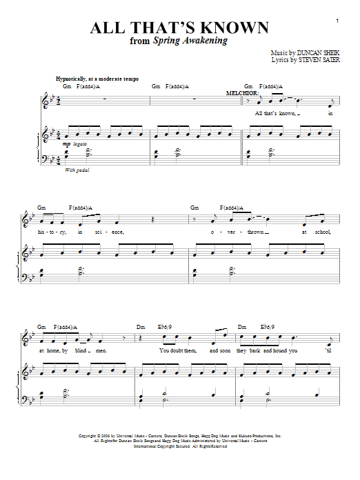 Preview Duncan Sheik All That's Known Rock sheet music, notes and chords for Piano, Vocal & Guitar (Right-Hand Melody), SKU: 63359 Download Duncan Sheik All That's Known sheet music and printable PDF score & Rock music notes