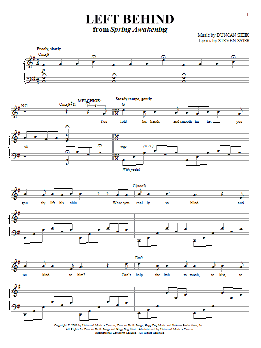 Preview Duncan Sheik Left Behind Rock sheet music, notes and chords for Piano, Vocal & Guitar (Right-Hand Melody), SKU: 63368 Download Duncan Sheik Left Behind sheet music and printable PDF score & Rock music notes