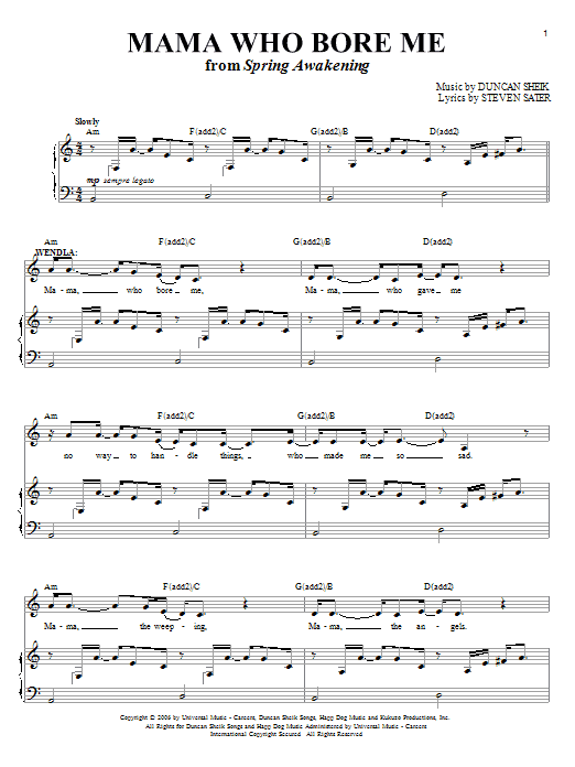 Preview Duncan Sheik Mama Who Bore Me Rock sheet music, notes and chords for Piano & Vocal, SKU: 63252 Download Duncan Sheik Mama Who Bore Me sheet music and printable PDF score & Rock music notes