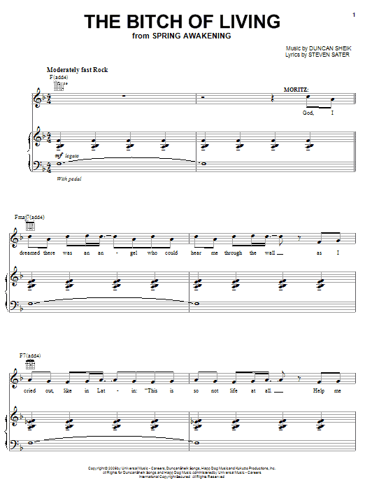 Preview Duncan Sheik The Bitch Of Living Rock sheet music, notes and chords for Piano, Vocal & Guitar (Right-Hand Melody), SKU: 63373 Download Duncan Sheik The Bitch Of Living sheet music and printable PDF score & Rock music notes