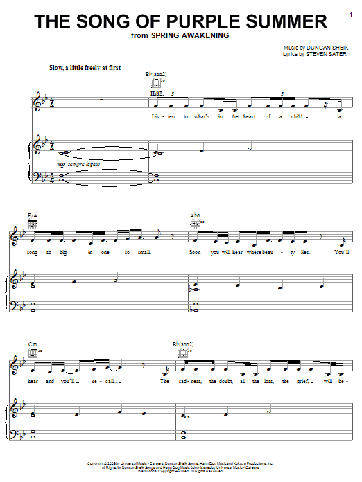 Preview Duncan Sheik The Song Of Purple Summer Rock sheet music, notes and chords for Piano, Vocal & Guitar (Right-Hand Melody), SKU: 63364 Download Duncan Sheik The Song Of Purple Summer sheet music and printable PDF score & Rock music notes